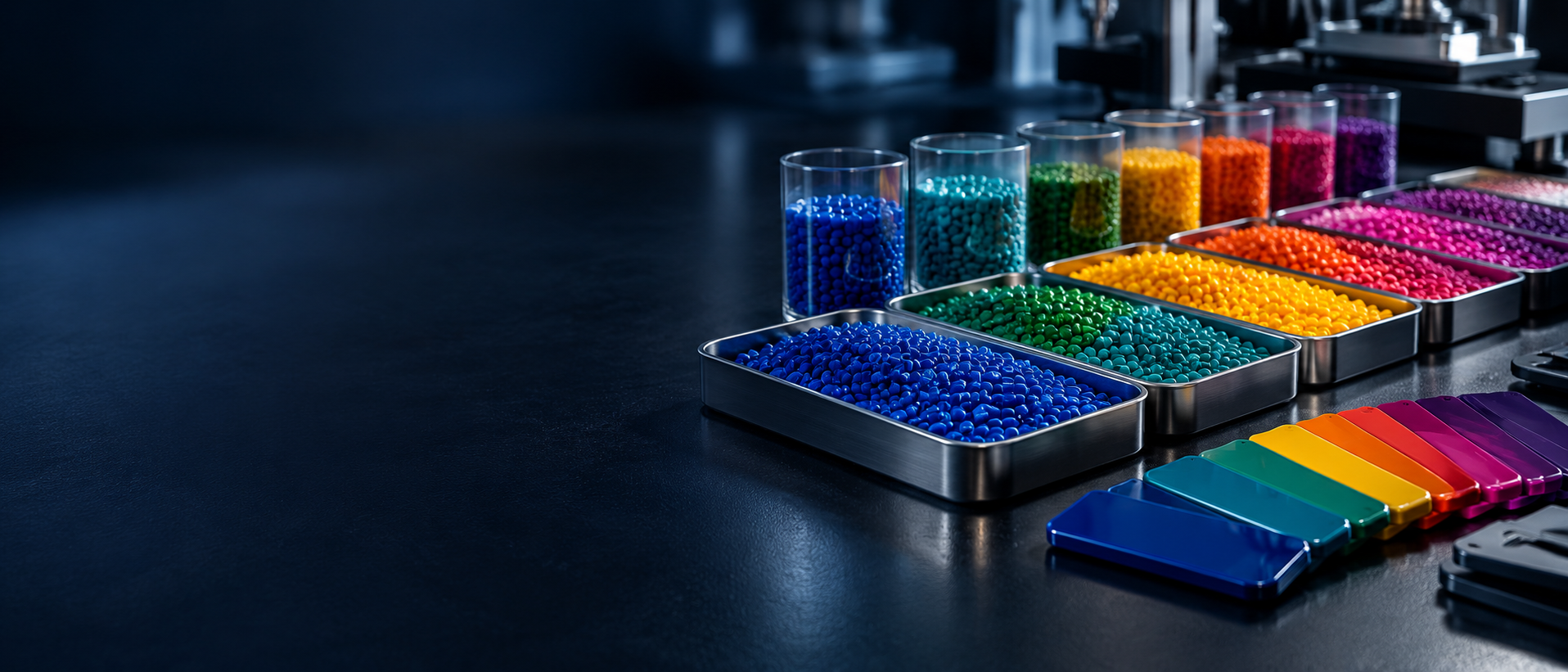 Colorful plastic pellets and color sample chips arranged in a manufacturing lab