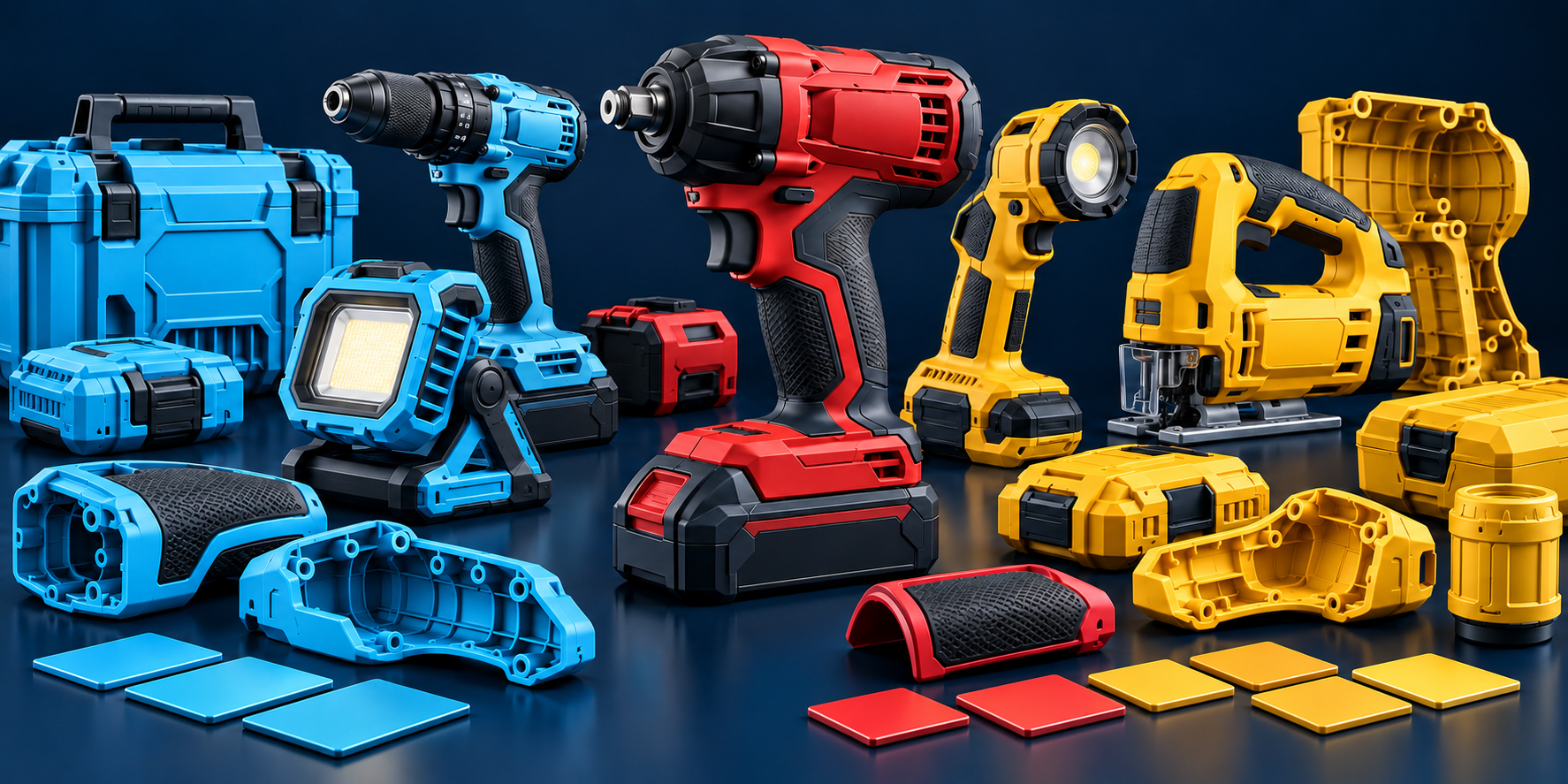 Industrial power tools in multiple brand color variants