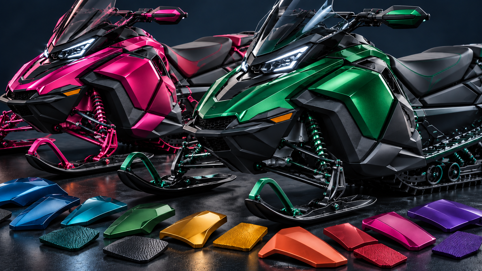 Snowmobiles in multiple color variants